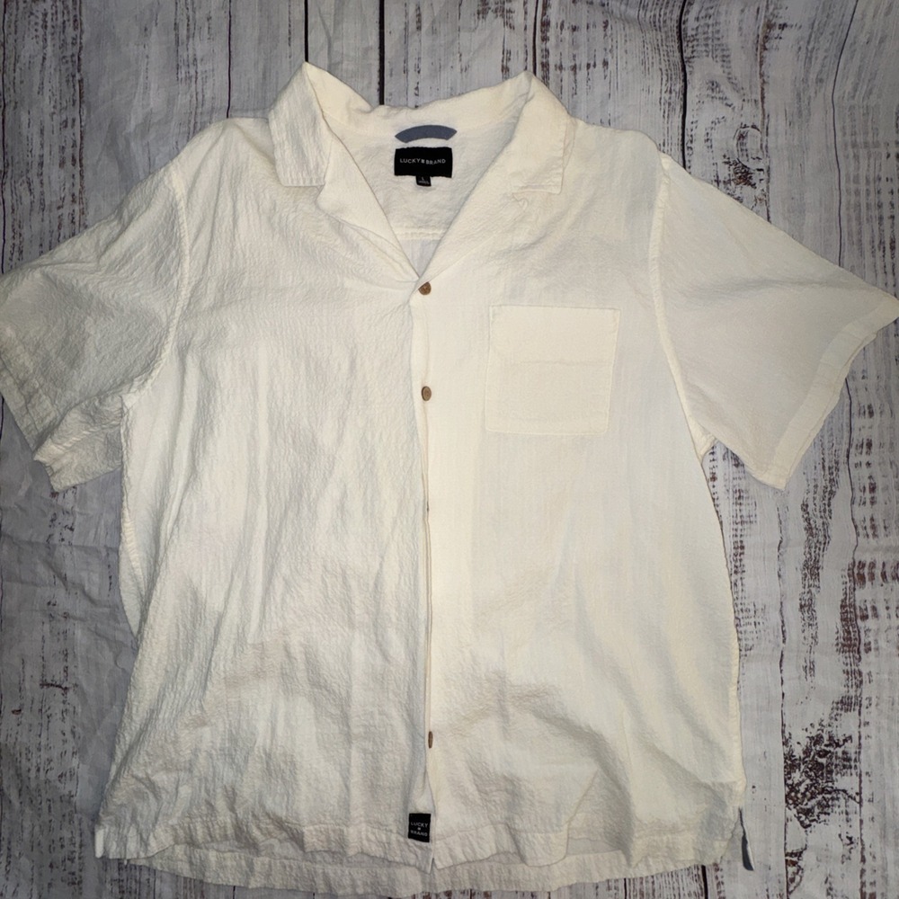 Lucky Brand Mens Large Button Down Collared Short Sleeve Shirt Beige